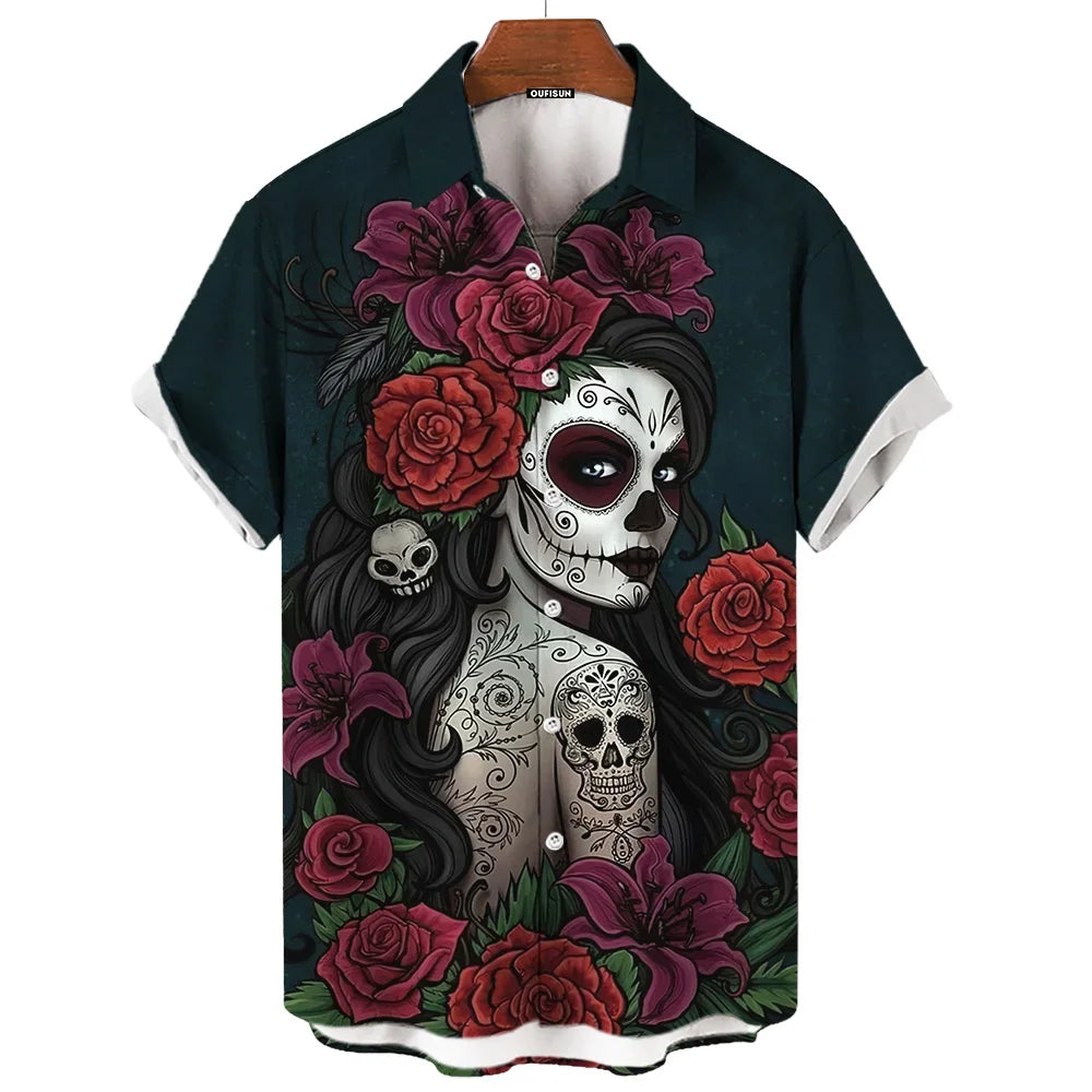 Day Of The Dead Shirt Skull Men's Shirts Skull Face 3d Print Short Sleeve Retro Loose