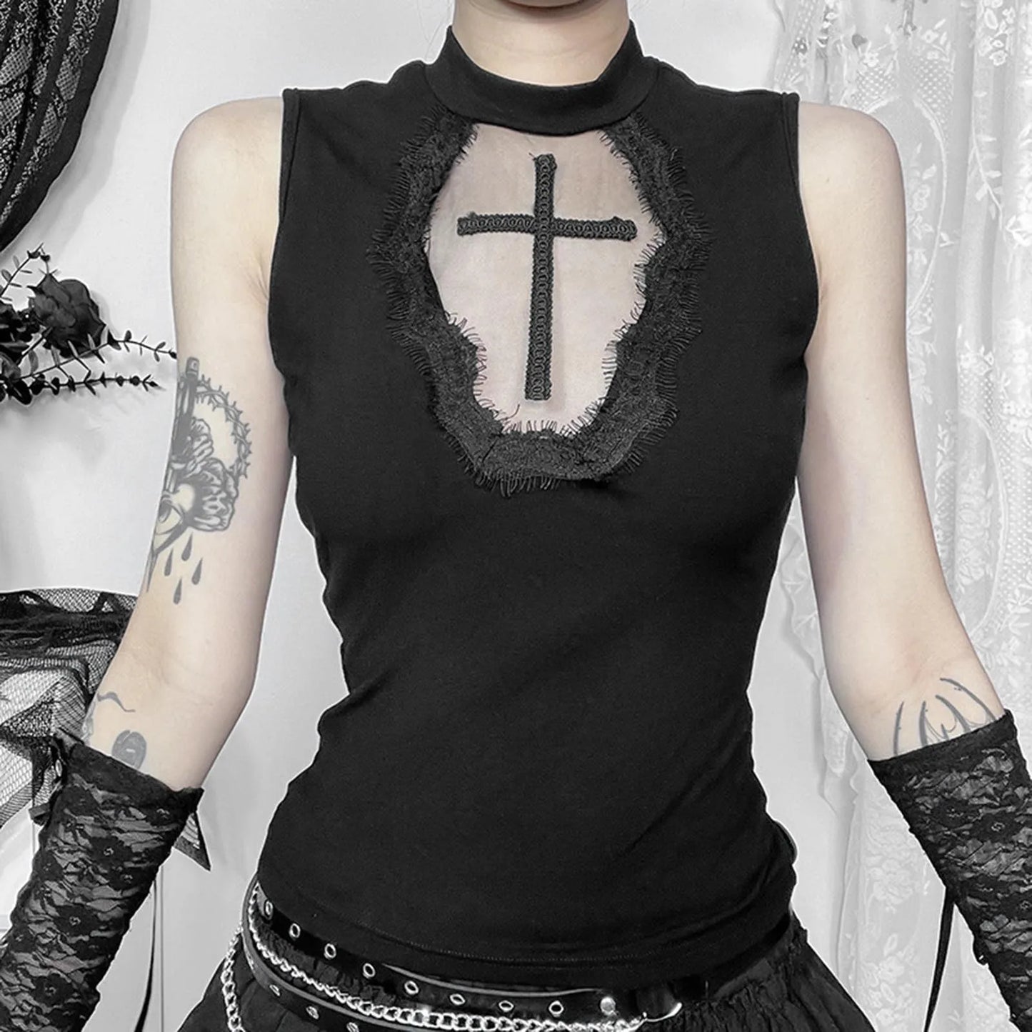 Goth Cross Print Lace Crop Top Camis Black Red Basic Corset Tank Black / S / United States Black / L / United States