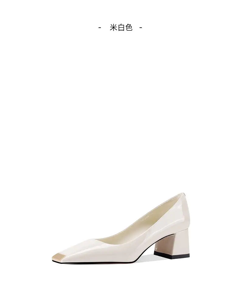 Ladies pumps chunky heels leather square head shallow mouth comfortable