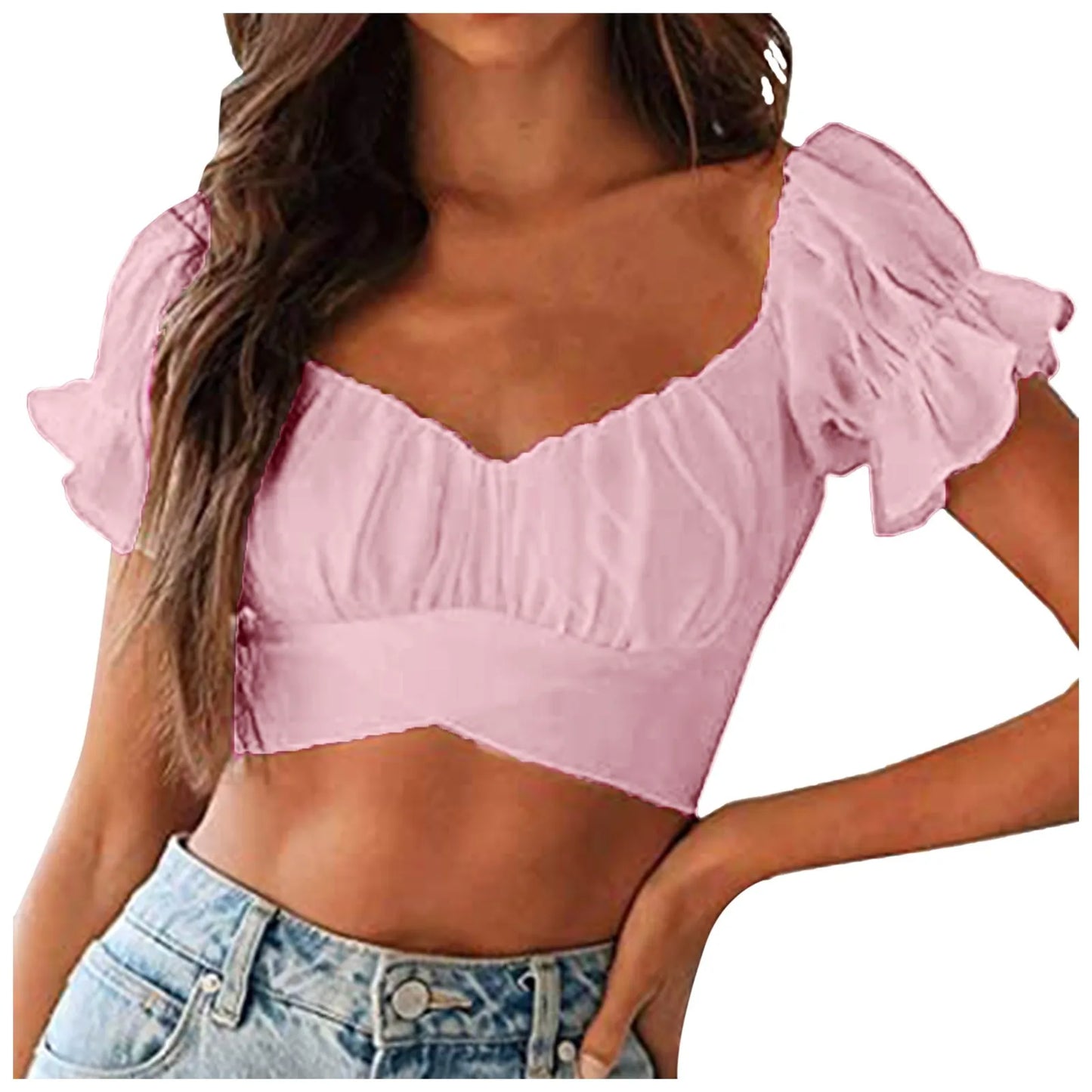 Deep V Neck Cropped Top Ruffled Short Sleeve Backless Tight Tank Top Watermelon Red / XL / United States Watermelon Red / S / United States
