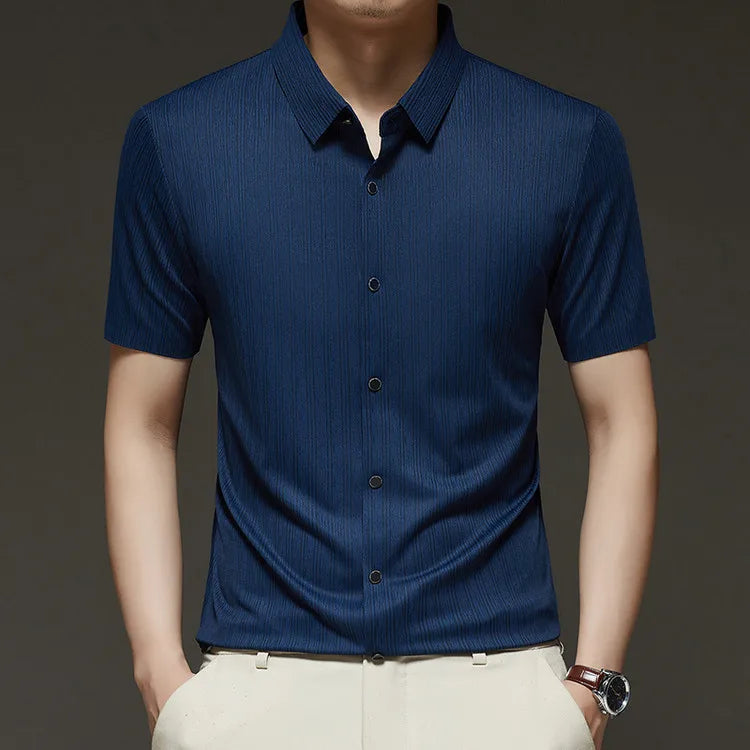 Men's Slim Fit Short Sleeve Dress Shirt Premium Spandex Stretch Fabric Solid Colors Business Casual