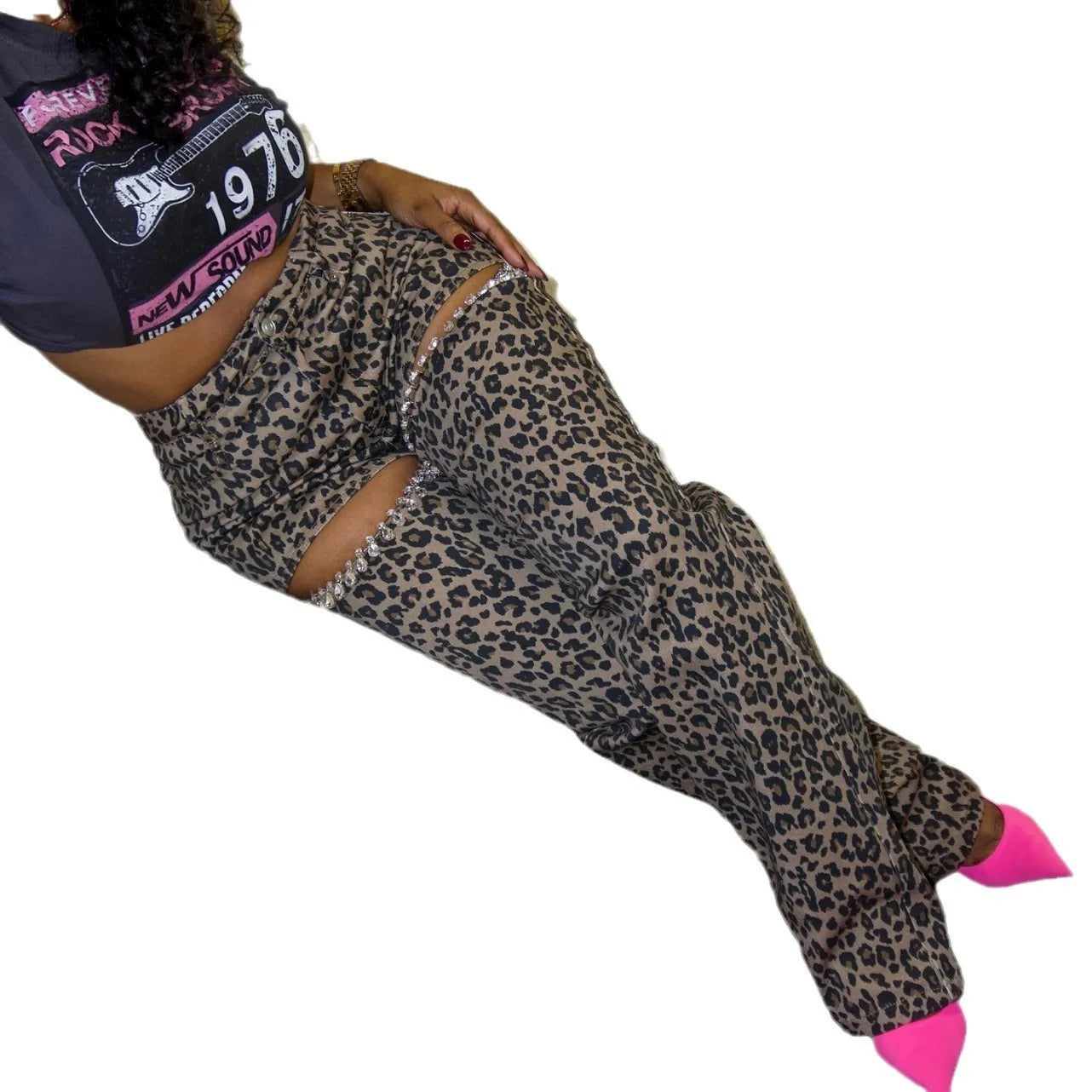 Cutout Diamonds Crystal Hollow Out Straight Pants Leopard Print High Waist Wide Leg