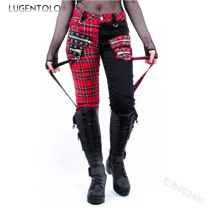 Women Pants Plaid Autumn Trousers Personality Bandage Splice Casual Women's Print Large Size Pencil Clothing