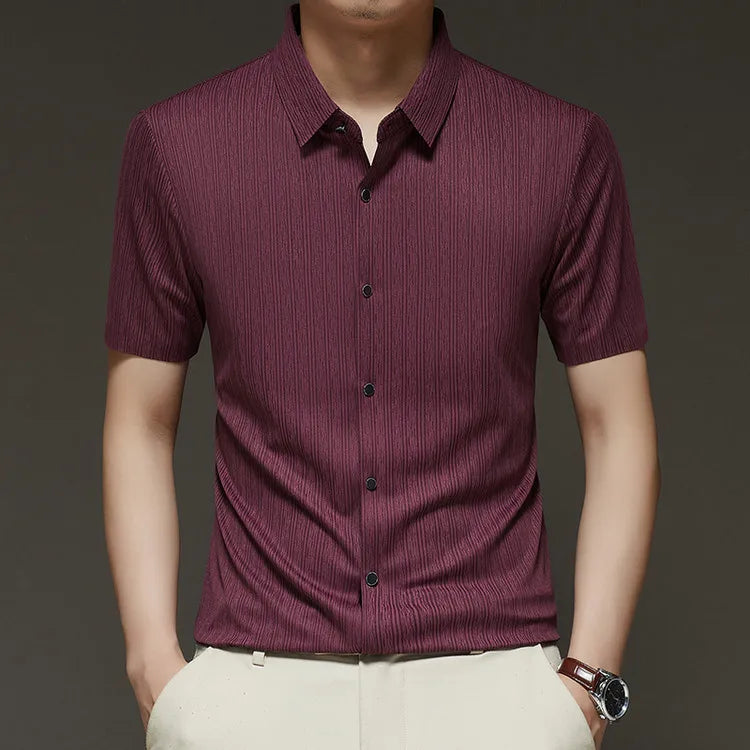 Men's Slim Fit Short Sleeve Dress Shirt Premium Spandex Stretch Fabric Solid Colors Business Casual