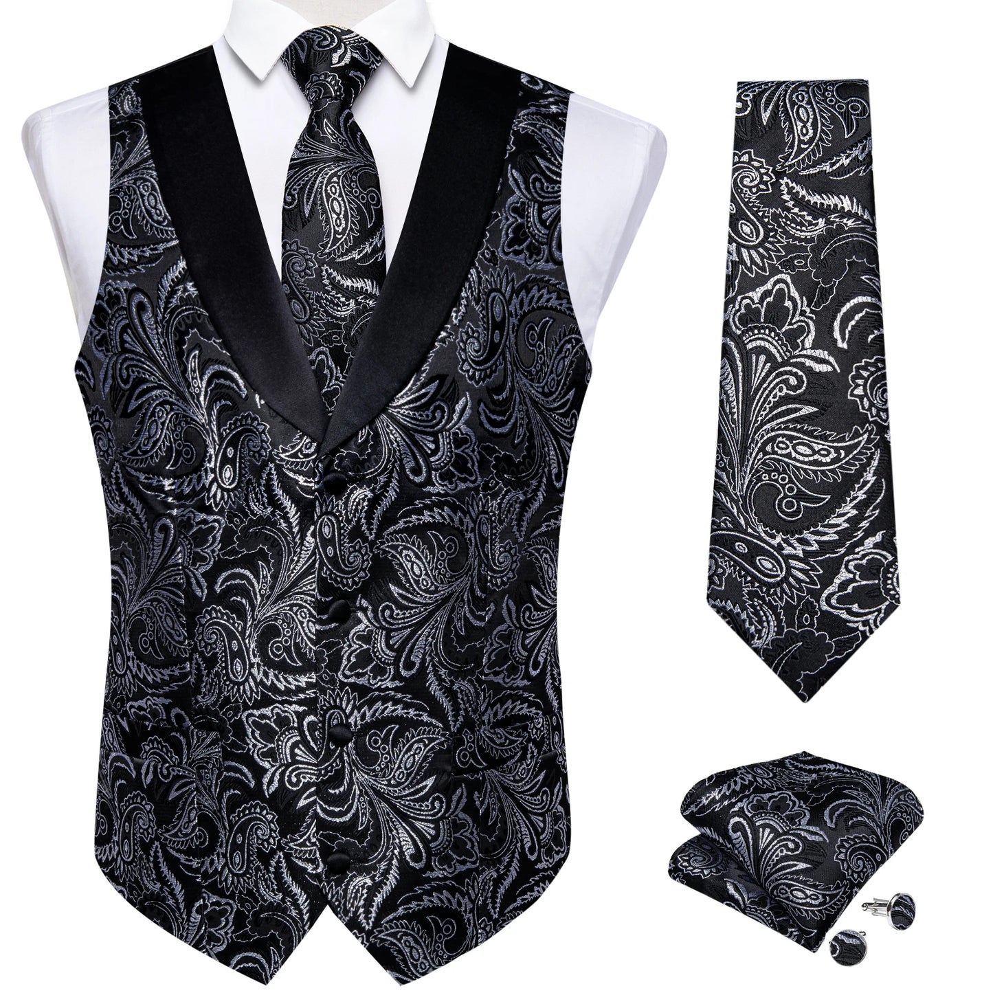 Men's Paisley Silk Suit Vest with Macthing Golden Paisley Neck Tie Handkerchief Cufflinks Wedding Prom Tuxedo Waistcoat