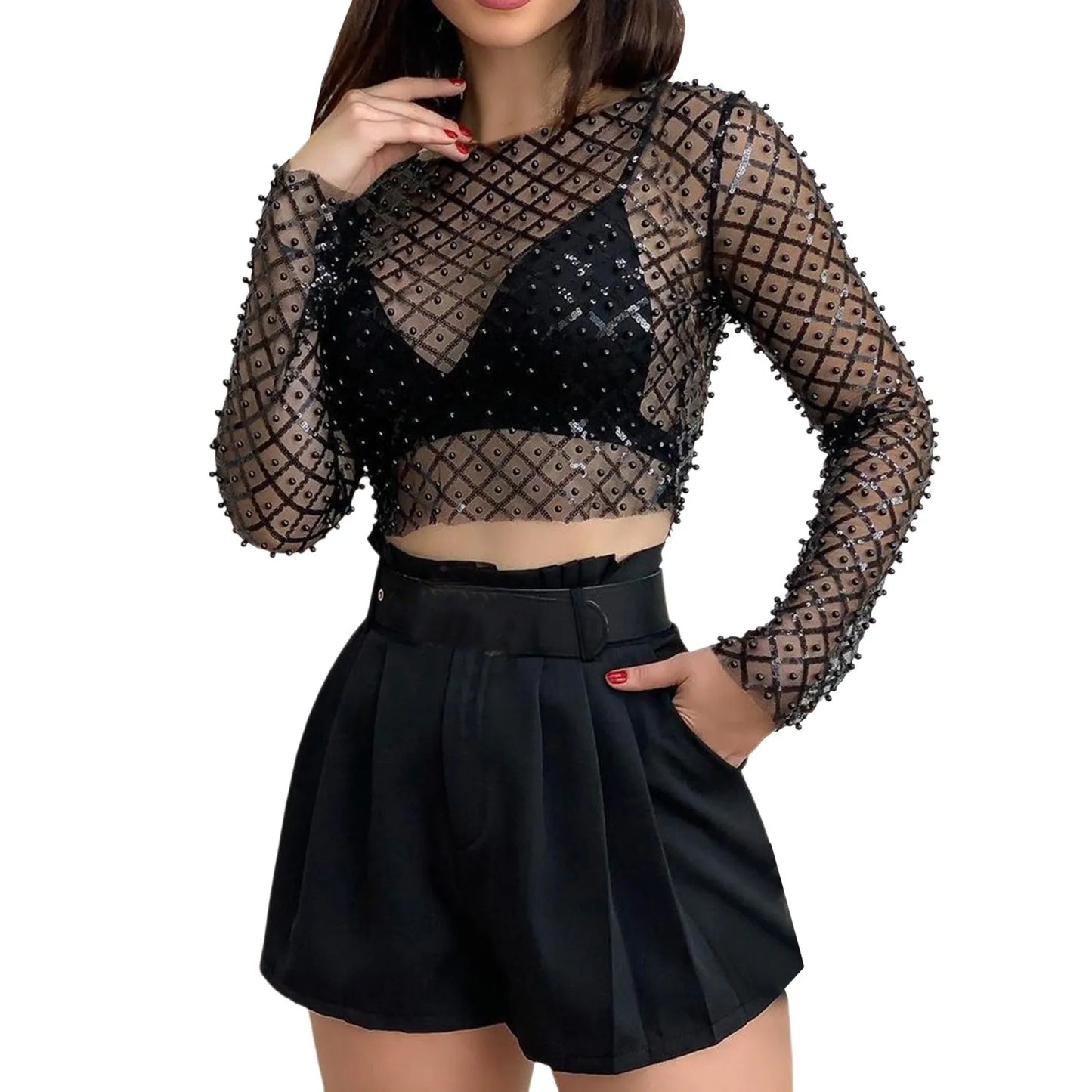 Long Sleeved Top T Shirt Mesh Pinned Bead Sequined Transparent Cover Up
