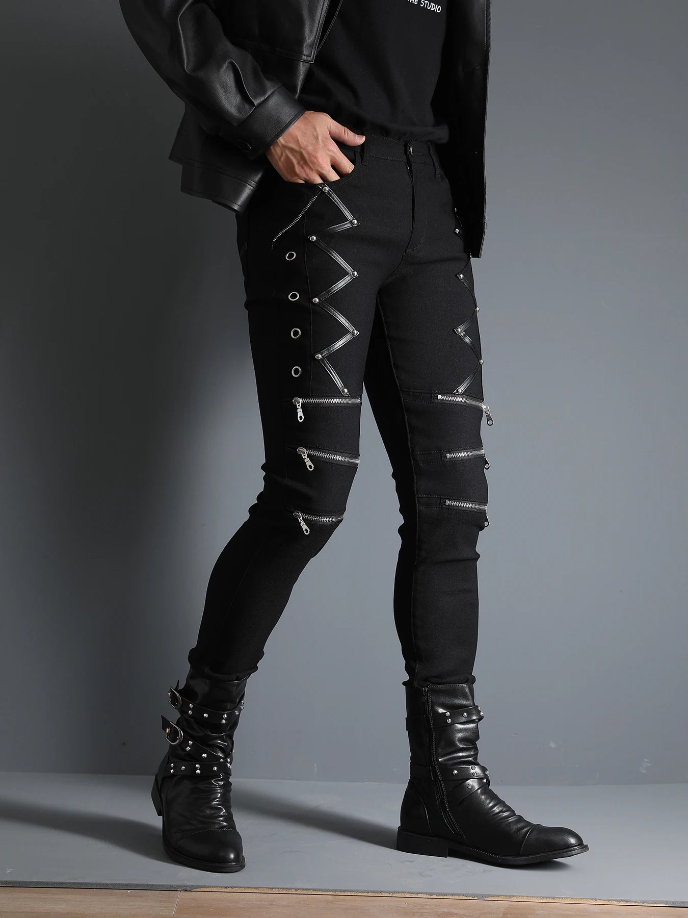 Men's Motorcycle Gothic Steampunk Zippers studded Rivet Elastic Stretchy Denim Jeans Biker Pants