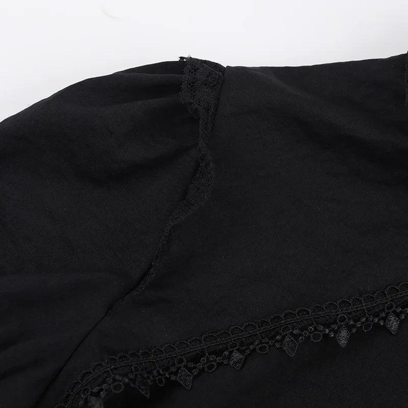 Vintage Gothic Smock Women Elegant Cute Lace Patchwork Puff Sleeve Crop Tops Aesthetic Fairy
