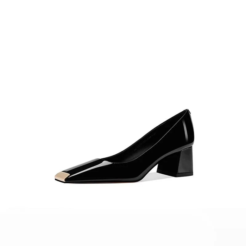 Ladies pumps chunky heels leather square head shallow mouth comfortable