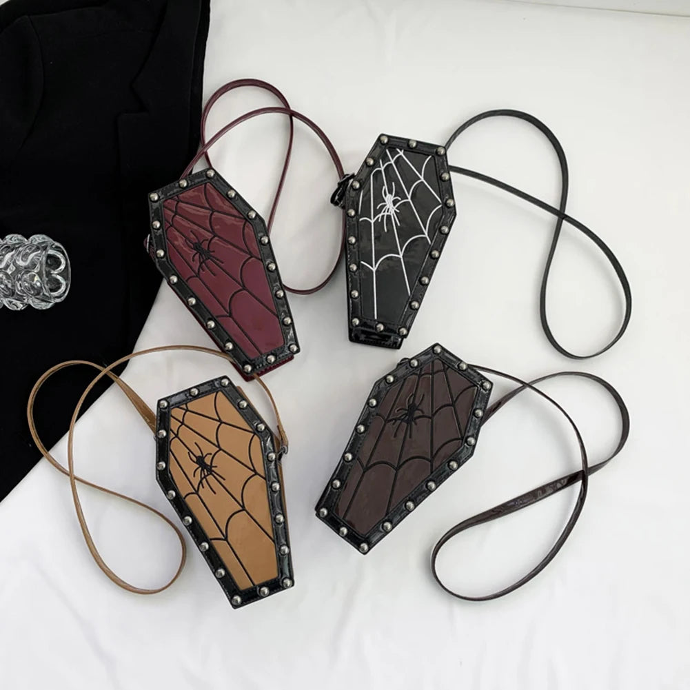 Women Coffin Satchel Purse Cartoon Gothic Coin Purse Strap Adjustable Casual Spider Coffin Bag