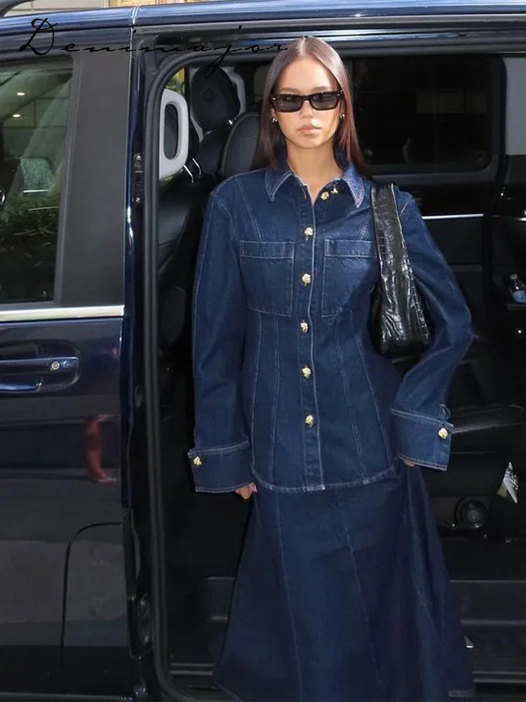 Street Denim Shirt Set Women Lapel Waist Up Long Sleeve Single Breasted Pocket Jacket Lady Jean Outfit set / M set / L pant / L set / M-set / L-pant / L-set / S-pant / S-pant / M-top / M-top / L-top / S-