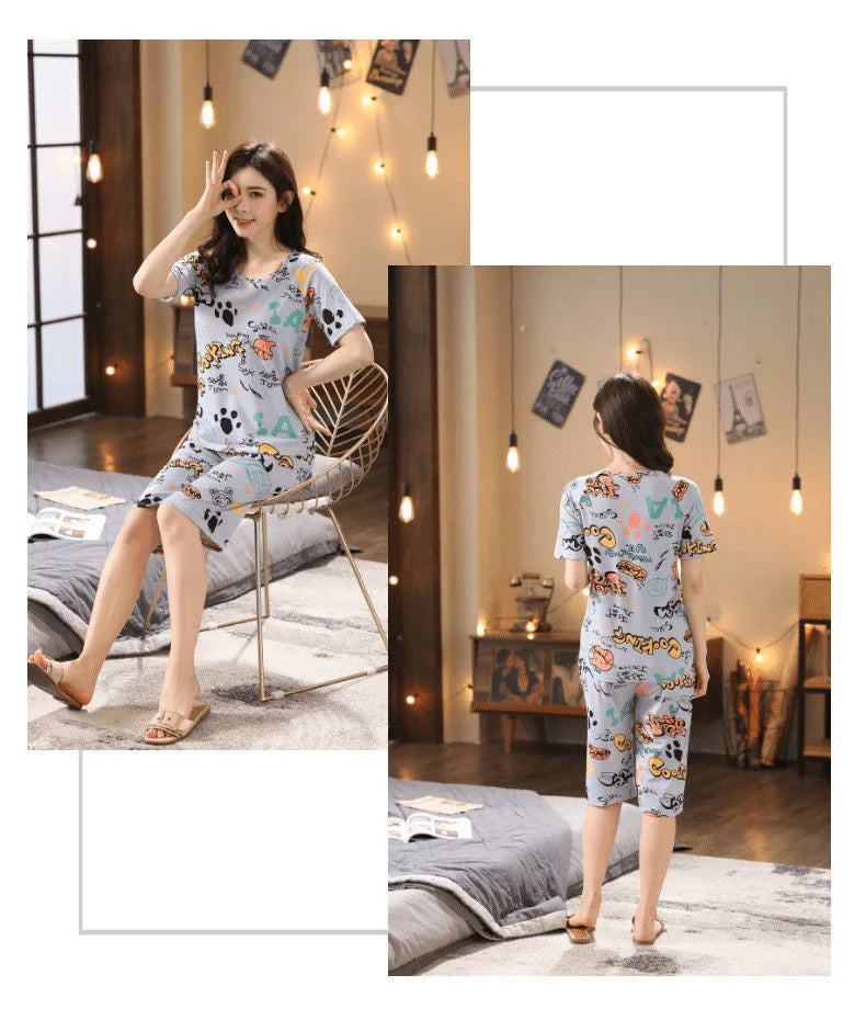 Half-Sleeve Seven-Quarter Trousers Student Nightwear Set Round Neck Cartoon Ladies Pajamas Loungewear