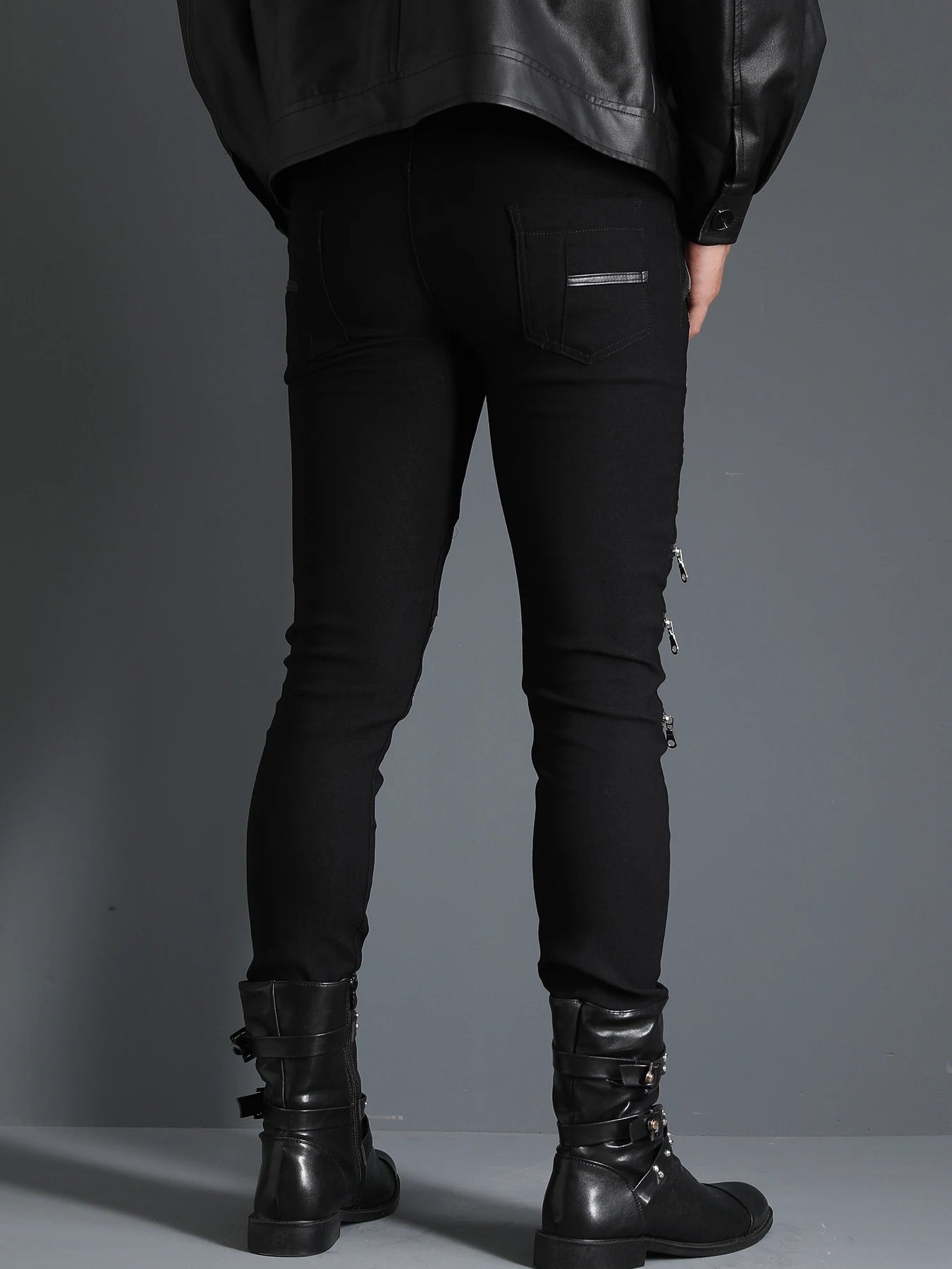 Men's Motorcycle Gothic Steampunk Zippers studded Rivet Elastic Stretchy Denim Jeans Biker Pants