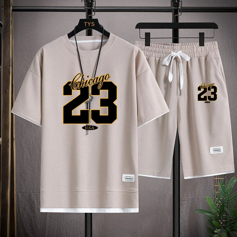 High Quality Men's Korea Comfortable and Summer Fashion Print Sports Suit Fitness Jogging Daily Casual Wear Beach Shorts Set