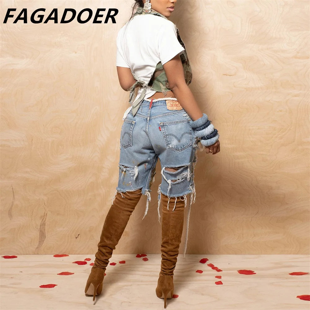 Hole Print Pants Casual High Waist Button Straight Jeans Summer Female