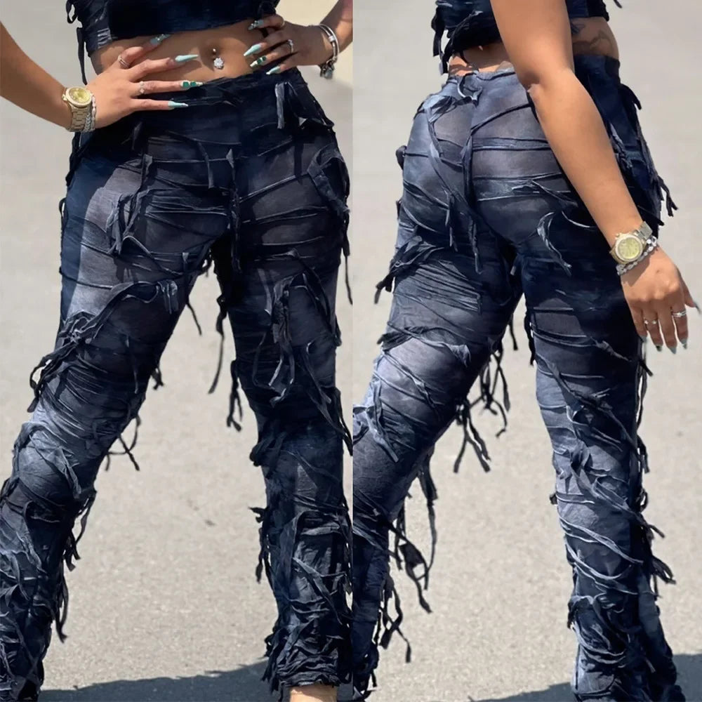 Tie Dye Printed High Waist Drawstring Tassel Flare Pants Stretch Legging Wide Leg