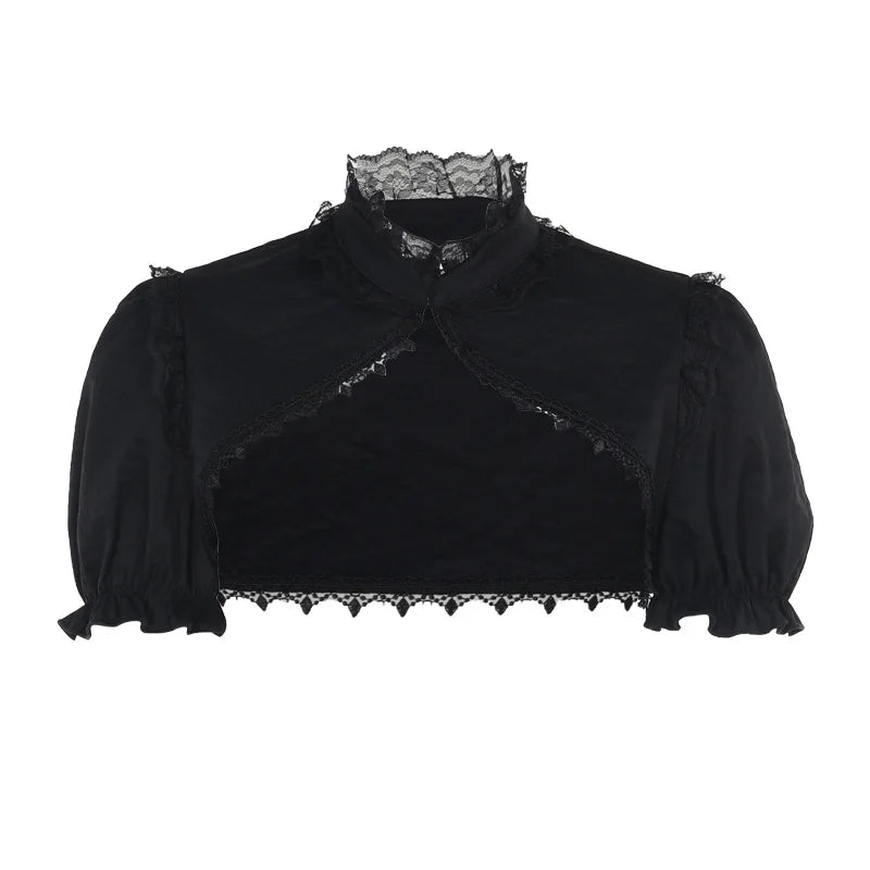 Vintage Gothic Smock Women Elegant Cute Lace Patchwork Puff Sleeve Crop Tops Aesthetic Fairy