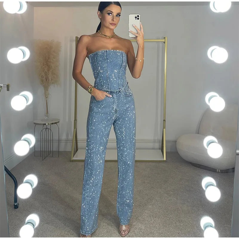 Diamond Vest Jeans Set For Women Sleveless Tube Tops High Waist Pocket Denim