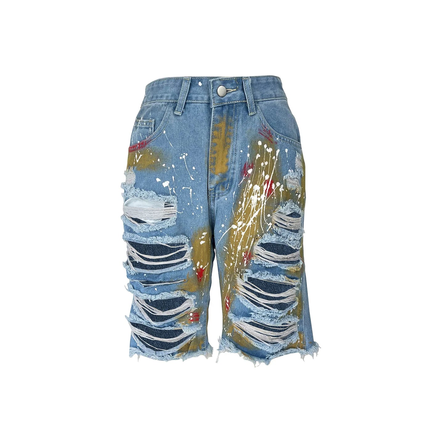 Hole Print Pants Casual High Waist Button Straight Jeans Summer Female