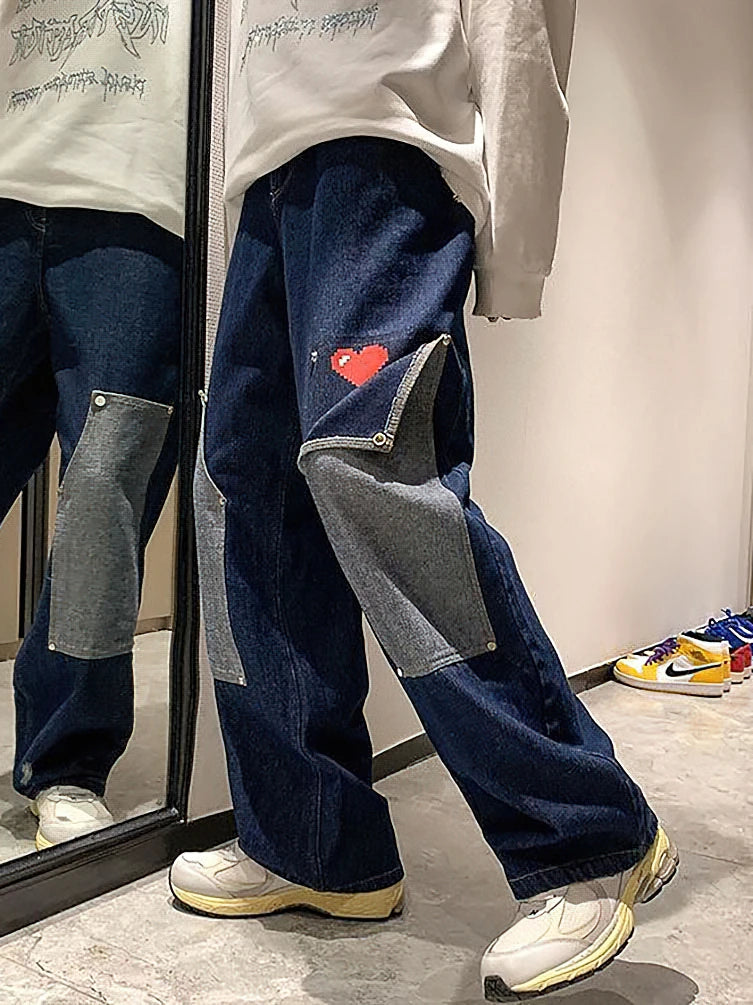 Wide Leg Baggy Cargo Jeans Pants Men Heart Oversize Straight Casual Denim Long Trousers Streetwear