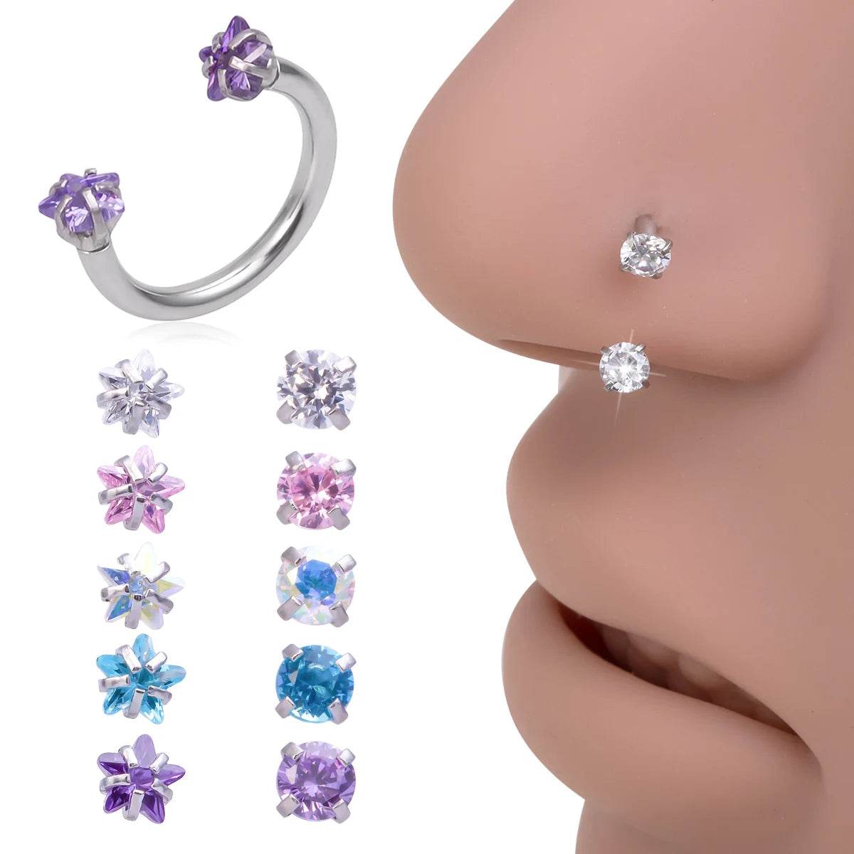 1pc Star Round Zircon Horseshoe Septum Piercing Nose Ring Hoop Eyebrow Lip Ring 8mm 16G - Fashionqueene.com