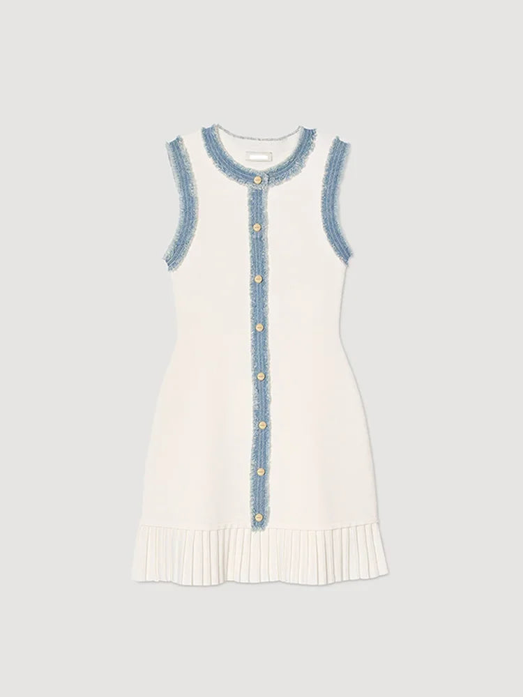 Denim Patchwork Skirts Round Collar Sleeveless Slim Dress Single-breasted Splicing