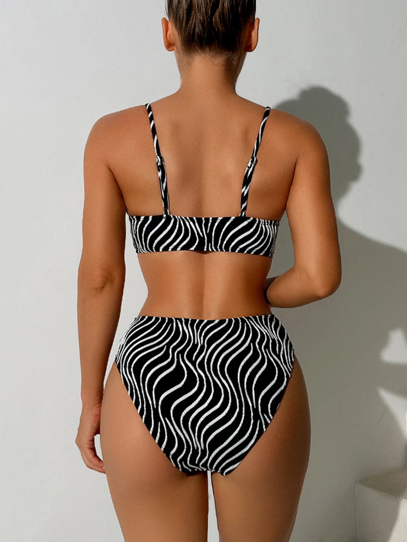 Bikini Set Stripe Print 2 Piece Drawstring Lace-up V Neck Suspender Backless