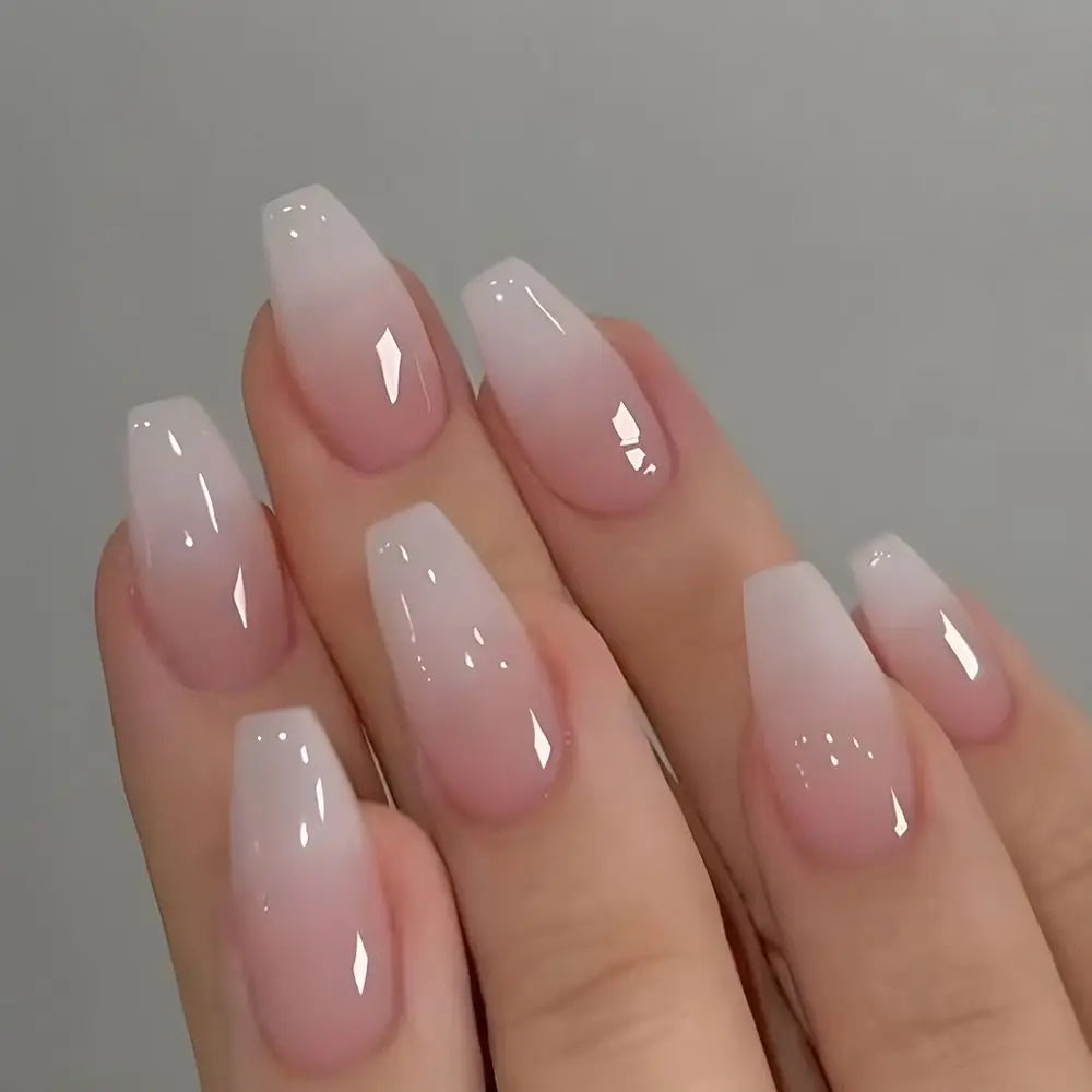 24pcs Gradient Fake Nails French Ballerina Nail Medium Coffin Press on Nails Tips AA6 AA5