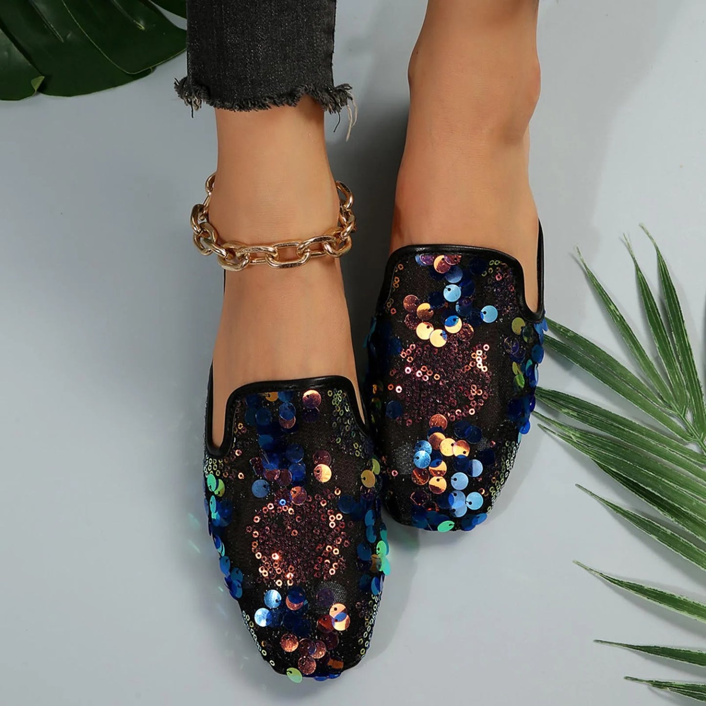 Women Casual Sequin Decoration Slipper Square Toe Flat Bottom Comfortable Sandals Slides Black / 40 / United States Black / 42 / United States