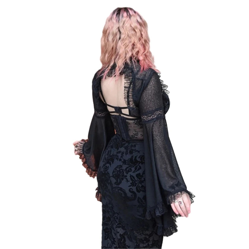 Gothic Lace Long Sleeve Victorian Half Shirt Crop Top Vintage T Shirt for Women M S L M-S-L-