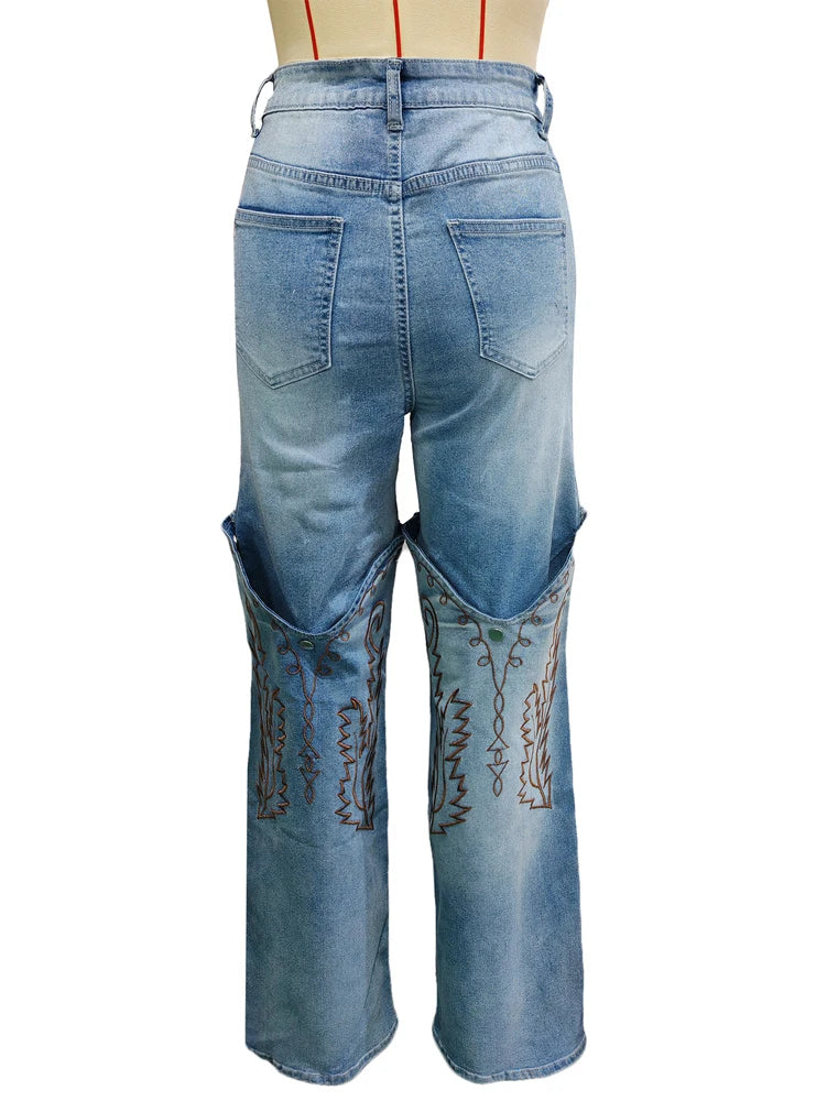 Embroidery Denim Trousers Casual High Waist Straight Leg Jeans Women