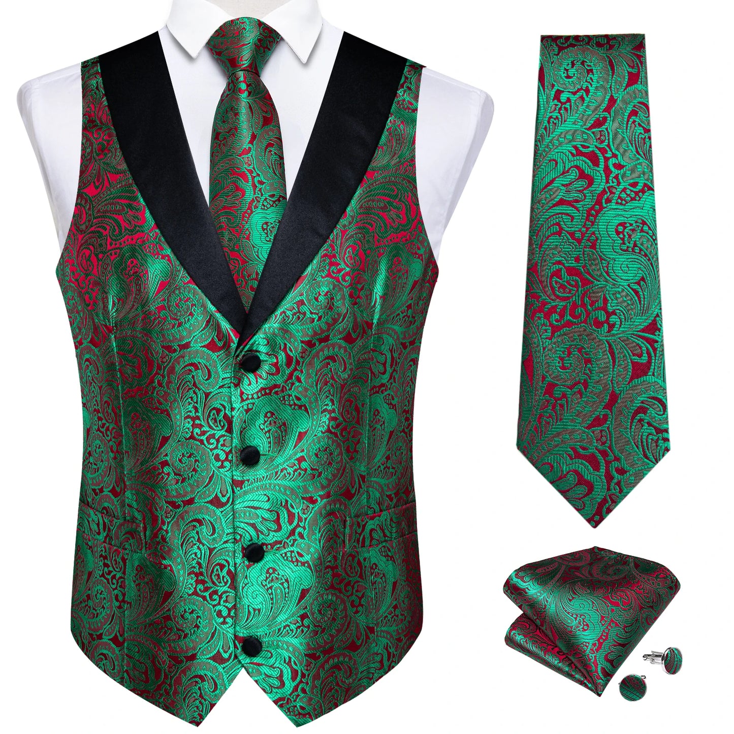 Men's Paisley Silk Suit Vest with Macthing Golden Paisley Neck Tie Handkerchief Cufflinks Wedding Prom Tuxedo Waistcoat