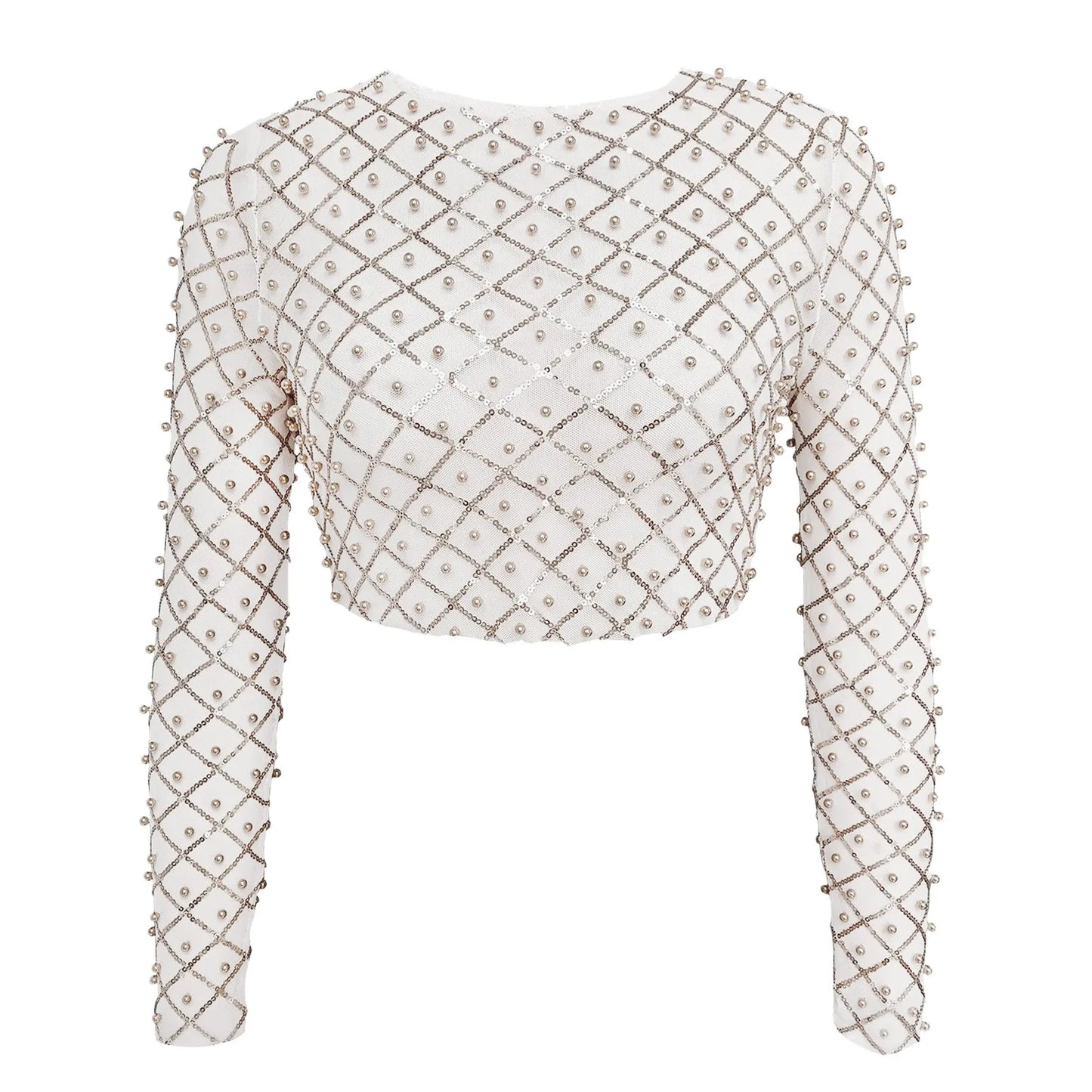 Long Sleeved Top T Shirt Mesh Pinned Bead Sequined Transparent Cover Up