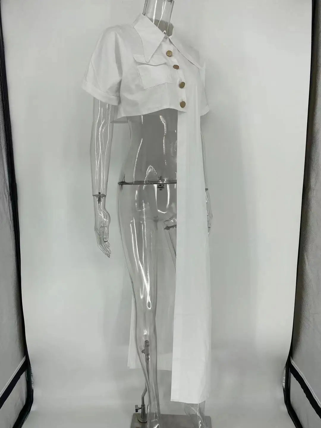Asymmetric Women Top Lapel Button Up Short Sleeve Autmn Cardigans Y2k Shirt Tees White Blouses