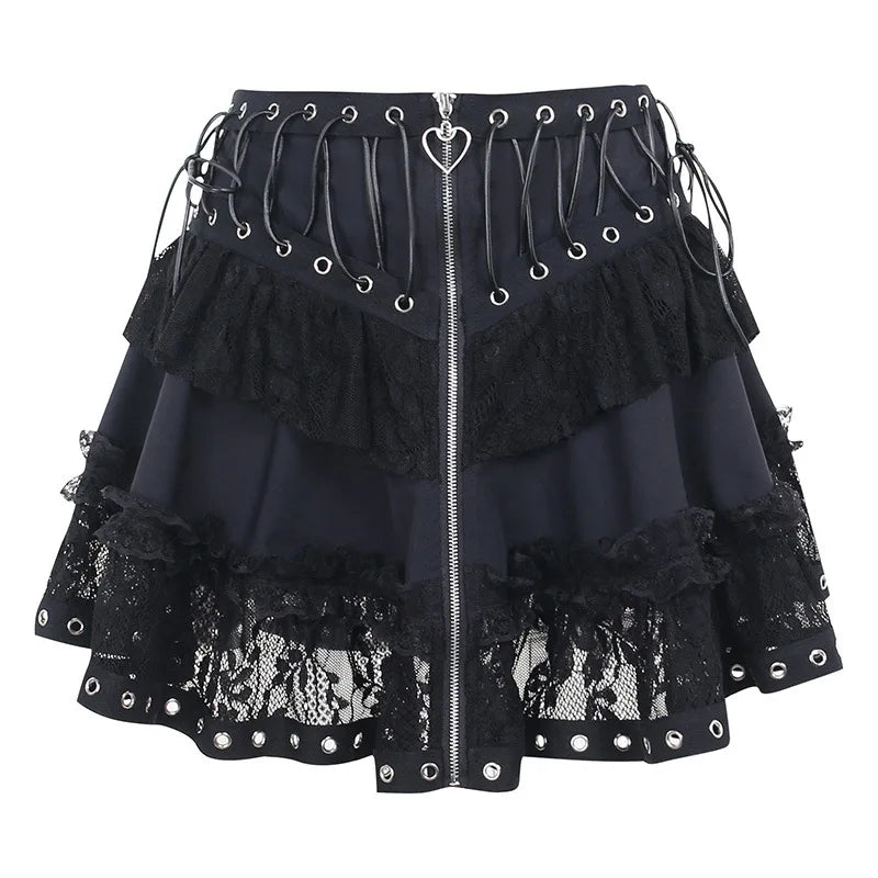 Women's Punk Vintage High Wasit Skirt Zipper Front Black Gothic Cosplay Mini Skirts