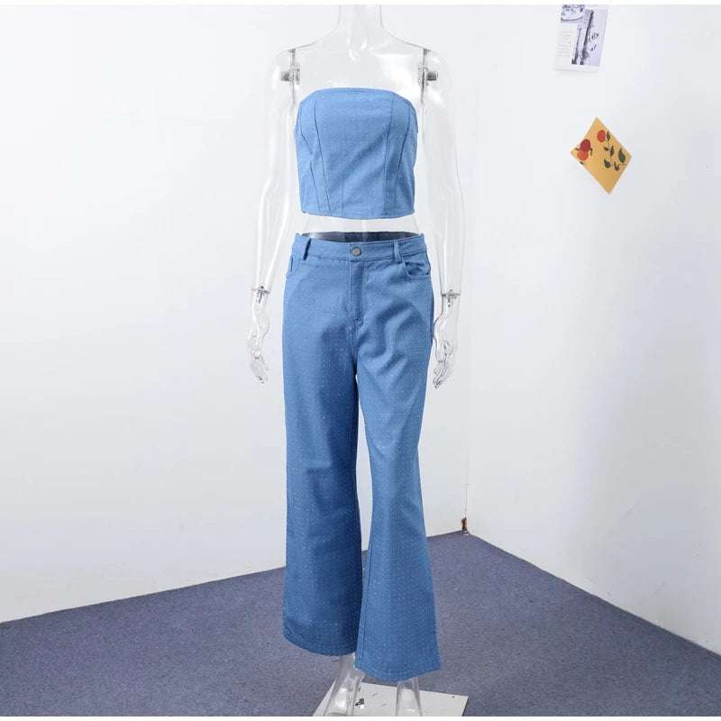 Rhinestone Denim Set Corset Shaping Crop Top Matching Slim Fit Jeans Party Clubwear Nightclub Cowgirl Style