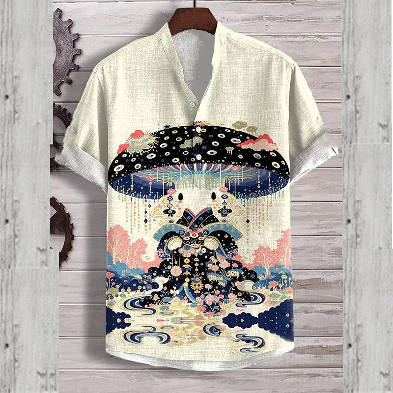3D digital heat transfer animal landscape 3-button large size stand-up collar short-sleeved shirt