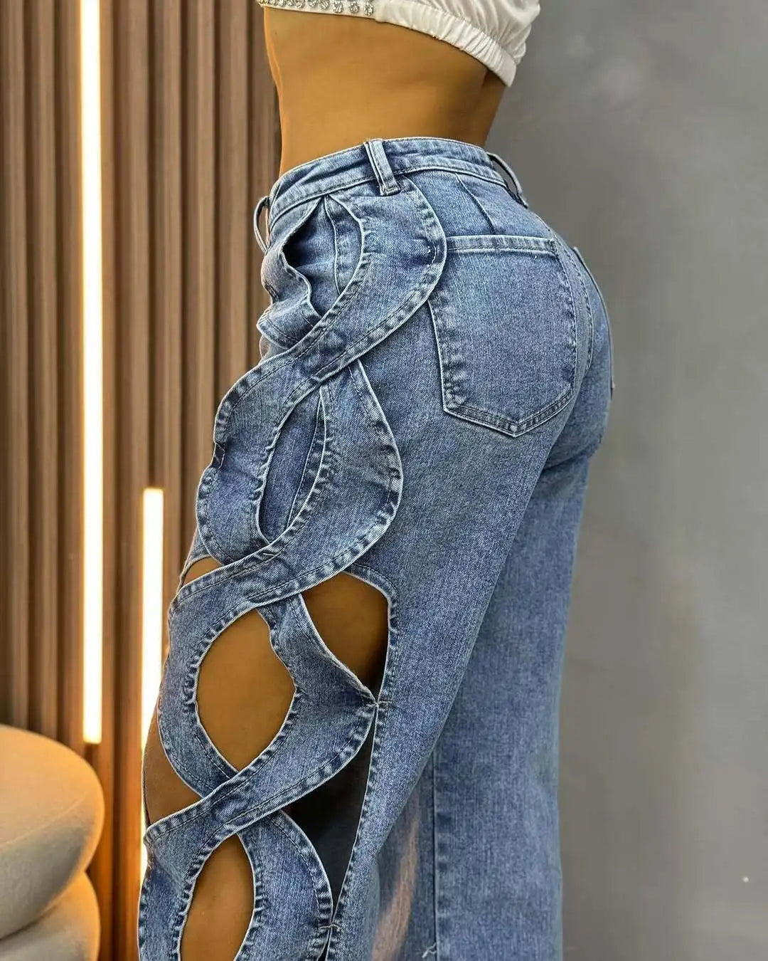 Women Streetwear Cutout Hollow Out Criss Cross Side Wide Leg Blue Denim Pants