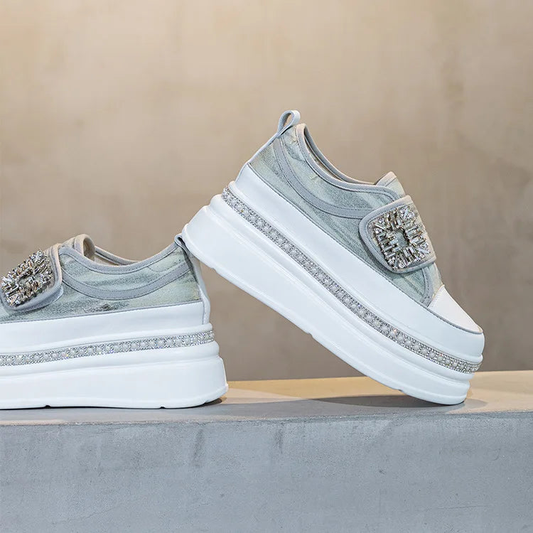 Denim Platform Wedge Genuine Leather Casual Comfy High Brand Chunky Sneakers Hidden Heels Shoes