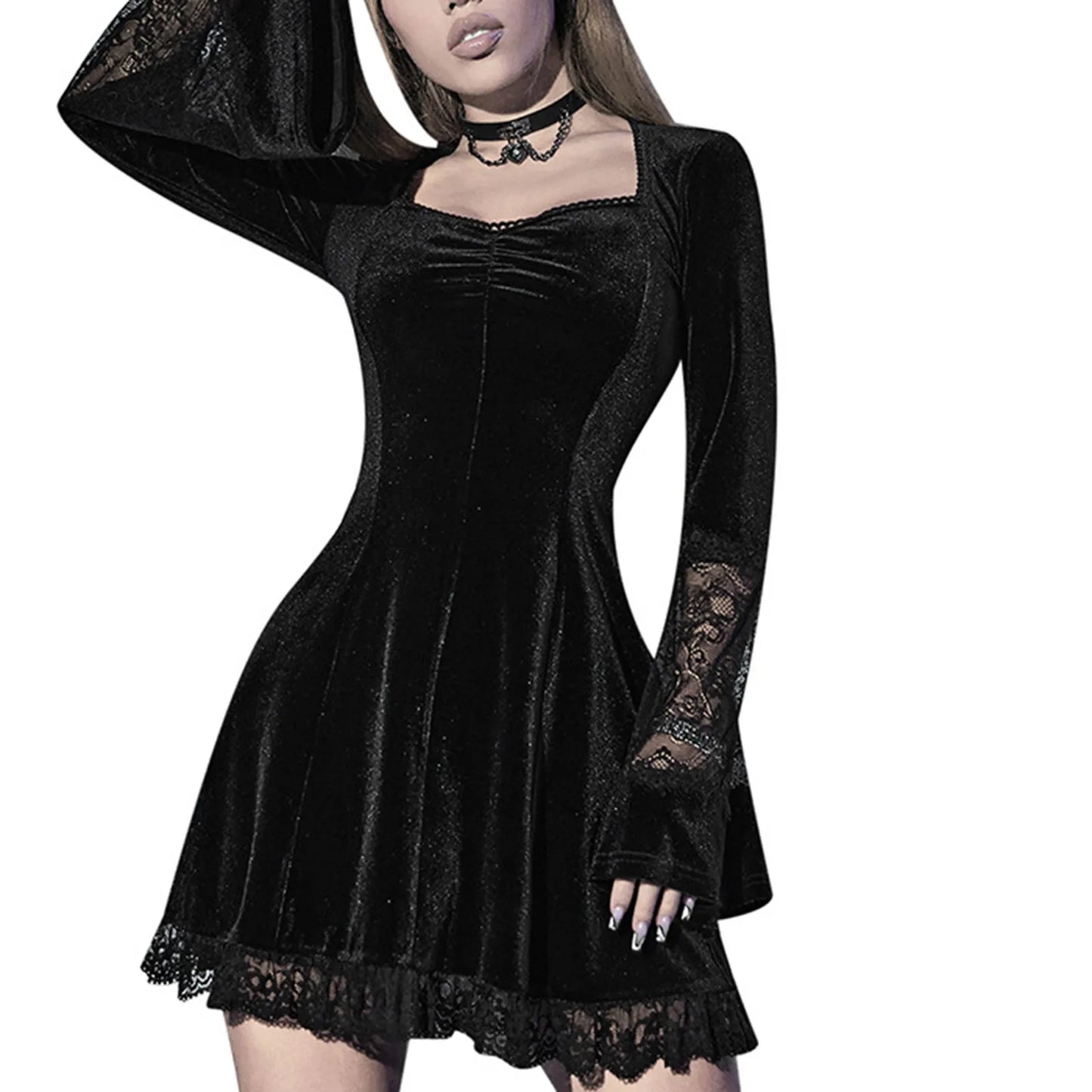 Black Velvet Gothic Dress Grunge Lace Trim Mini Emo Punk
