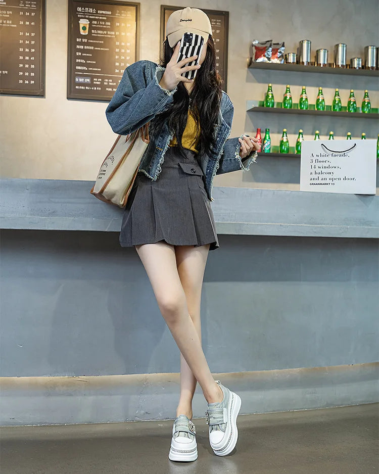 Denim Platform Wedge Genuine Leather Casual Comfy High Brand Chunky Sneakers Hidden Heels Shoes