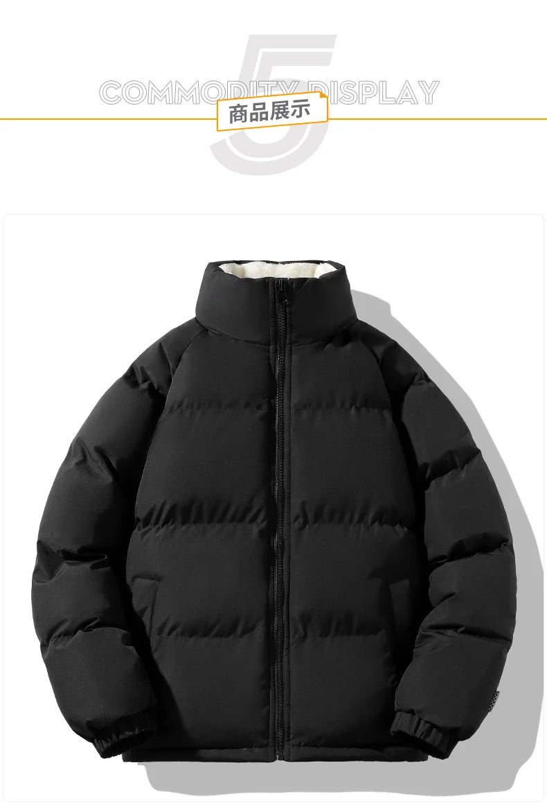 Warm Parka Coat Fleece Inside Male Solid Color Stand Collar Cotton Jacket Men's