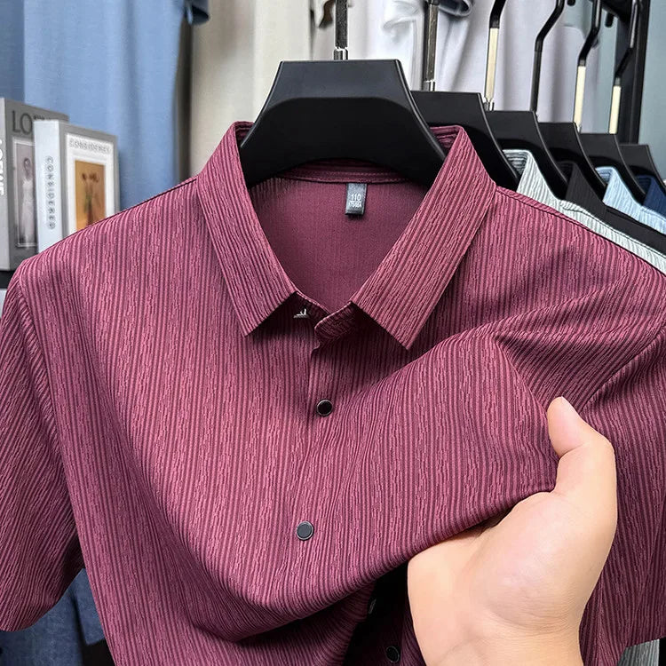 Men's Slim Fit Short Sleeve Dress Shirt Premium Spandex Stretch Fabric Solid Colors Business Casual