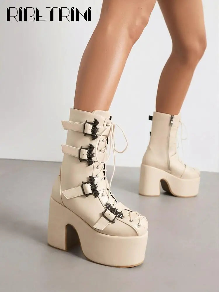 Goth Women Motorcycle Boots Block High Heels Platform Cool Street Boots