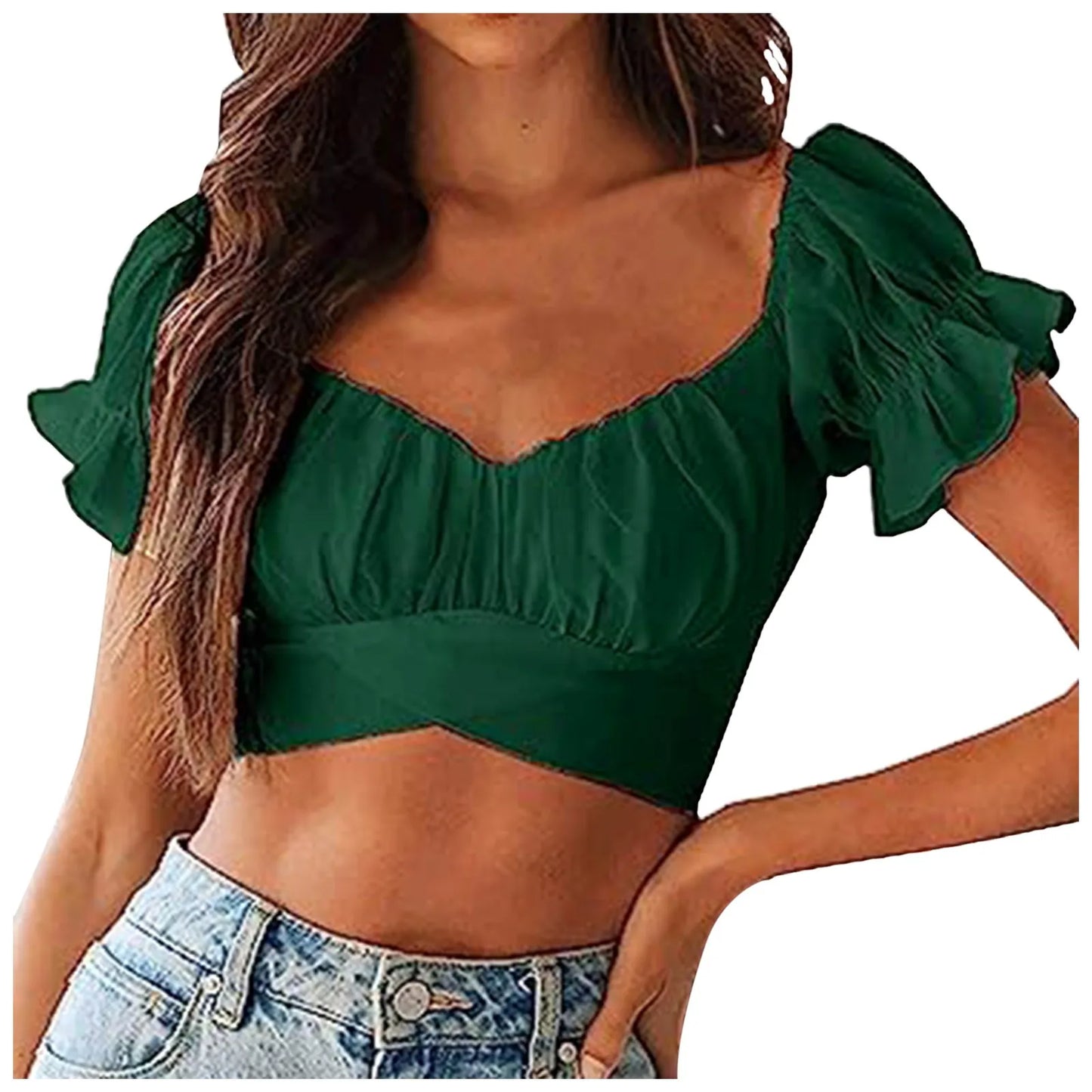 Deep V Neck Cropped Top Ruffled Short Sleeve Backless Tight Tank Top Watermelon Red / XL / United States Watermelon Red / S / United States