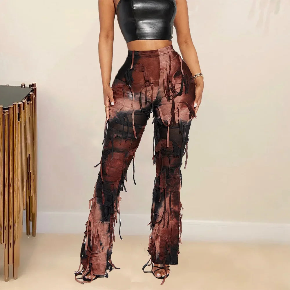 Tie Dye Printed High Waist Drawstring Tassel Flare Pants Stretch Legging Wide Leg