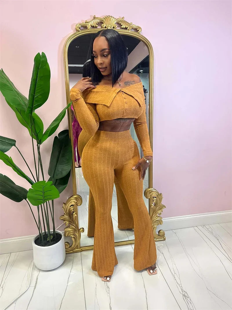 Knitted Two Piece Set Off Shoulder Slash Neck Crop Top and Flare Pants Set