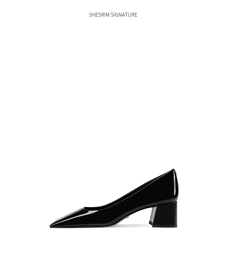 Ladies pumps chunky heels leather square head shallow mouth comfortable