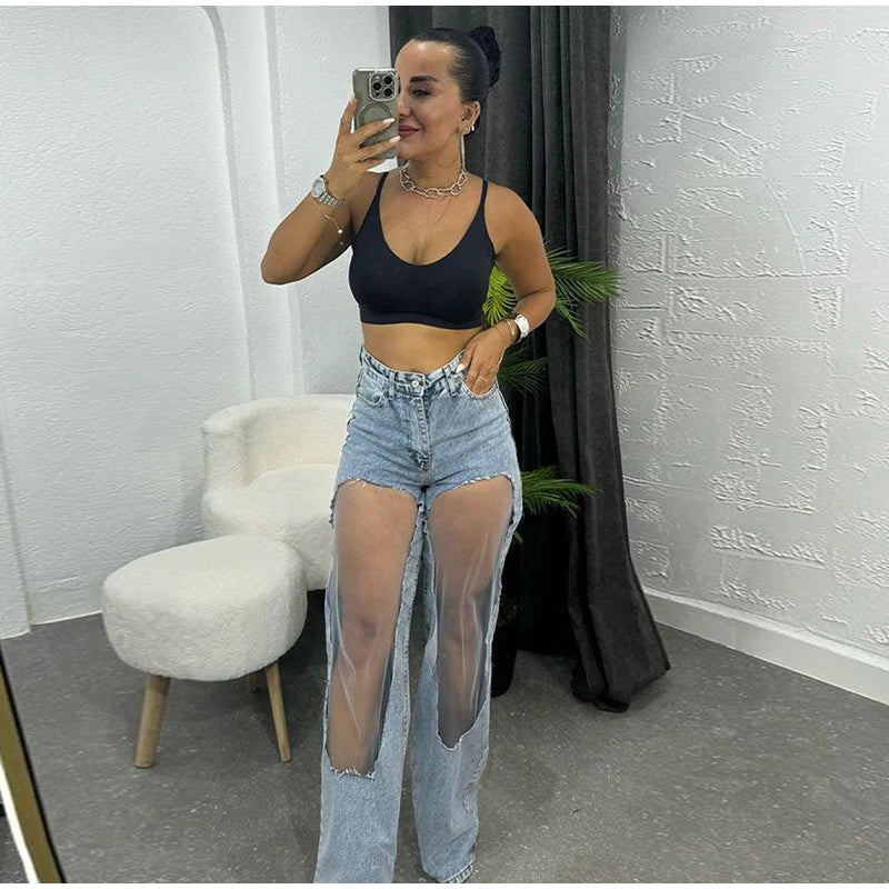 2025 Designer Women's Jeans Pant Blue Denim With Sheer Mesh Knee Panels Hip Hop Style Distressed High Waist Streetwear Trousers