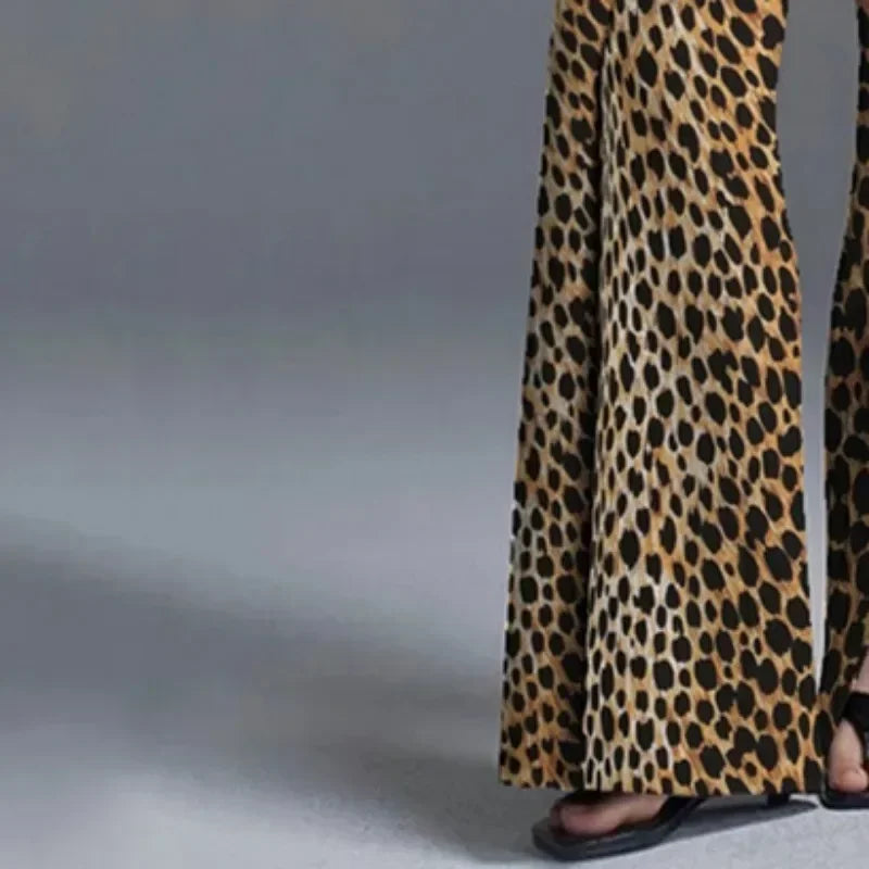 Women High Street Leopard Printed Pants Casual Loose Split-Front High-Waist Wide Leg